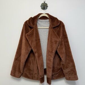 Aerie Brown Teddy Soft Cozy Faux Fur Jacket Open Front Women’s Size Small